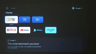 A TCL C1 egy könnyen kezelhető főmenüvel rendelkezik, ha nem jelentkezik be a Google TV-be. Mindössze három streaming-alkalmazás és egy helyi médialejátszó van telepítve. (Kép forrása: Notebookcheck)