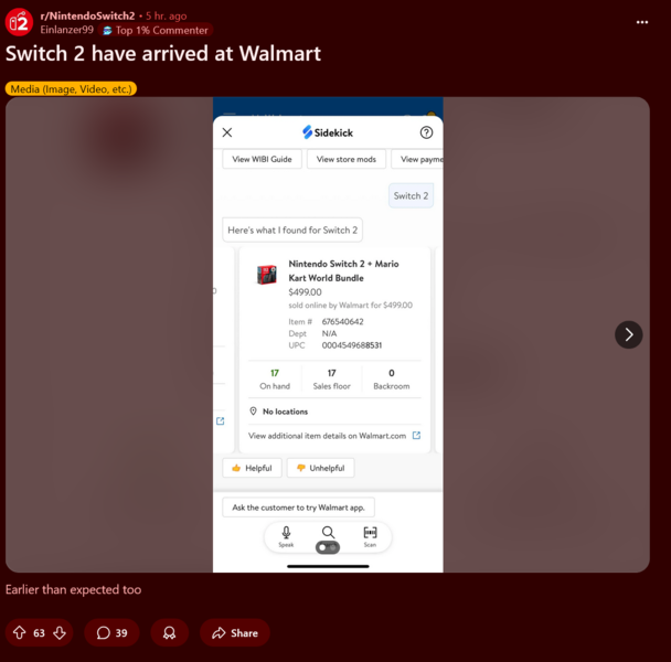 Nintendo Switch 2 Walmart készletszintek (Kép forrása: Nintendo Switch 2 subreddit)