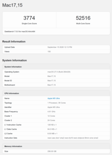 Apple M5 Ultra Geekbench 7 pontszám
