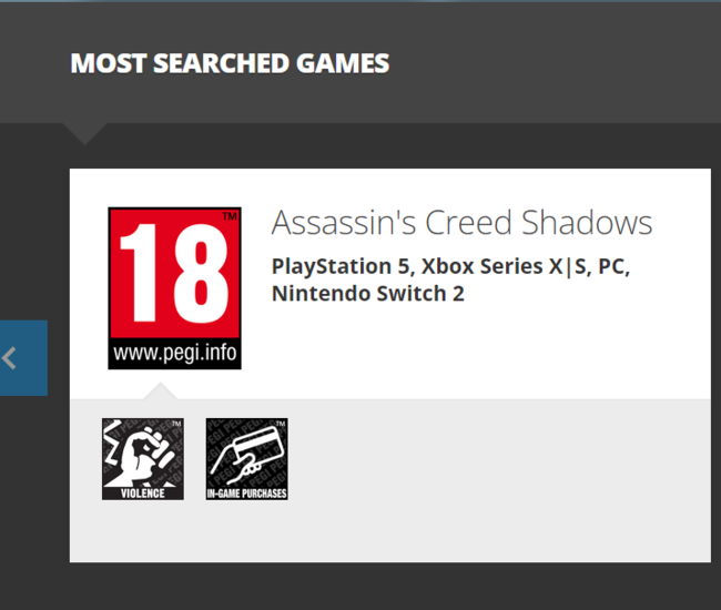 Assassin's Creed Shadows PEGI besorolás (Kép forrása: screenshot, PEGI)