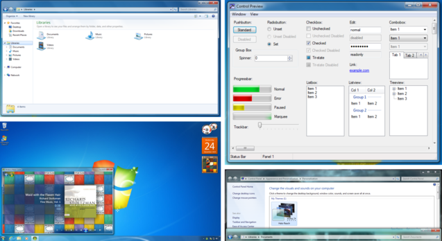 A Classic 7 támogatja a Windows 7 Start menüt és feladatsort, a témákat, a szerkentyűket és az eredeti Aero Glass-t, amelyet a Windows Vistával indítottak el