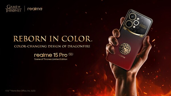 A Realme 15 Pro Game of Thrones Limited Edition a hőmérséklet emelkedésével fekete színűről pirosra változik. (Kép forrása: Realme)