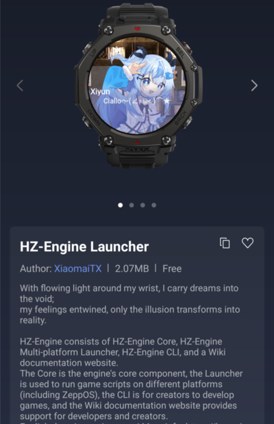 A HZ-Engine Launcher mini alkalmazás Amazfit okosórákhoz
