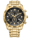 Citizen Classic Eco-Drive kronográf fekete számlappal, arany színű, 44 mm-es rozsdamentes acél tokban és karkötővel, rögzített 60 perces kerettel, három kis számlappal és dátumablakkal.