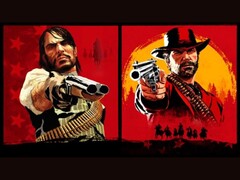 John Marston és Arthur Morgan a Red Dead Redemptionből a piros és sárga háttér előtt fegyvereket szegeznek a néző felé (Kép forrása: Rockstar Games)