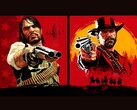John Marston és Arthur Morgan a Red Dead Redemptionből a piros és sárga háttér előtt fegyvereket szegeznek a néző felé (Kép forrása: Rockstar Games)