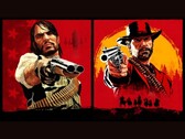 John Marston és Arthur Morgan a Red Dead Redemptionből a piros és sárga háttér előtt fegyvereket szegeznek a néző felé (Kép forrása: Rockstar Games)
