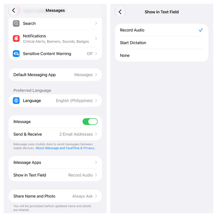 Az Apple Messages új „Megjelenítés a szövegmezőben” kapcsolója a diktálás gomb elrejtéséhez