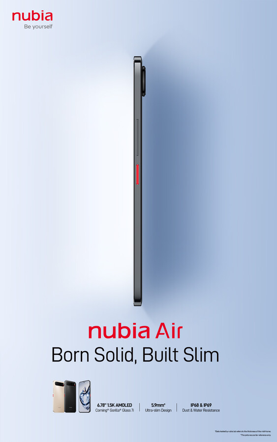A kiszivárgott promóciós kép azt állítja, hogy a Nubia Air mindössze 5,9 mm vékony, egy fontos kikötéssel a lábjegyzetben.