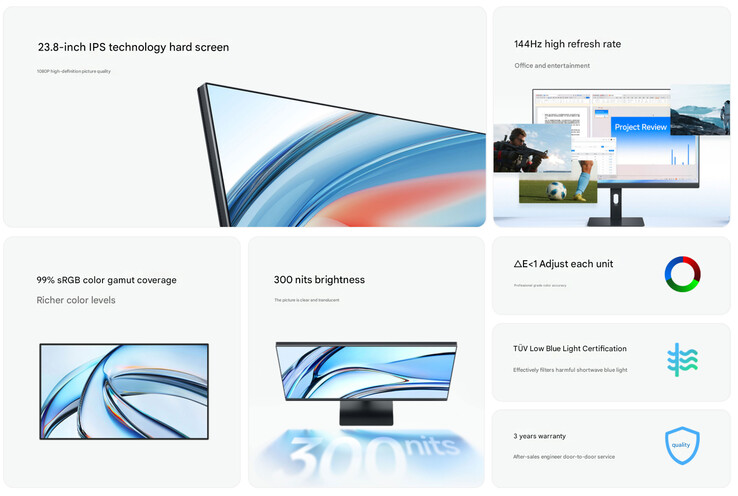 A monitor főbb jellemzői (Kép forrása: Xiaomi - gépi fordítás)