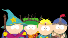 A fiúk csatára készülnek a South Parkban: The Stick of Truth, mindegyikük felölti a fantázia szerepét - varázsló, druida, paladin és harcos (Kép forrása: via South Park Wiki / Fandom, feltöltötte: Gastropod - © Ubisoft / South Park Digital Studios)