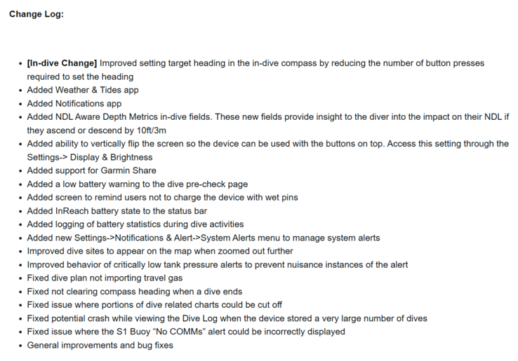 A Garmin Descent X50i 4.05-ös rendszerszoftverének változásnaplója. (Kép forrása: Garmin)