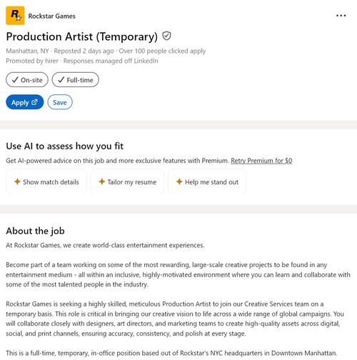 LinkedIn Rockstar Games álláshirdetés a produkciós művész számára látható