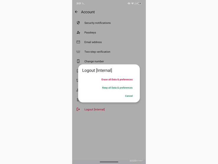 Egy képernyőfotó a legújabb WhatsApp béta verzióból, amely az új Logout [Internal] opciót mutatja. (Kép forrása: Android Hatóság)