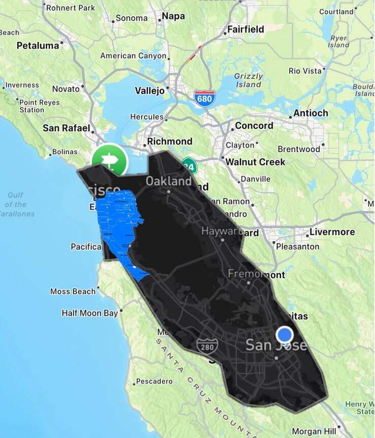 Tesla Robotaxi vs Waymo geofedezett Bay Area térkép. (Kép forrása: Joe Tegtmeyer/X)