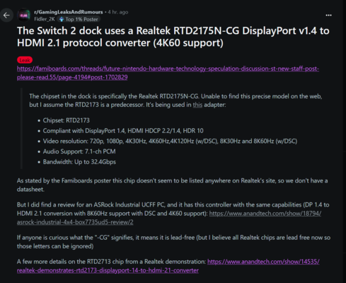 Nintendo Switch 2 4K dokkoló kiszivárgása (Kép forrása: screenshot, GamingLeaksAndRumors subreddit)