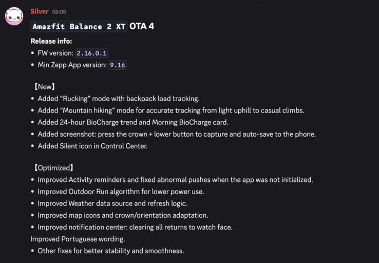 Az Amazfit Balance 2 XT 2.16.0.1 firmware-verziójának változásnaplója 