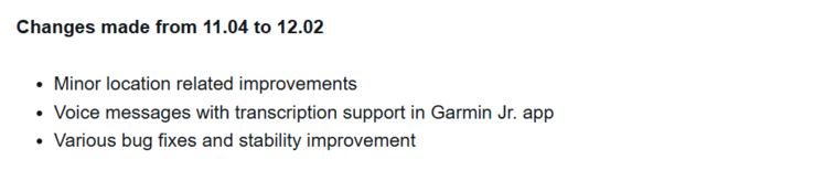 A Garmin Bounce okosóra 12.02-es verziójának kiadási megjegyzései. (Kép forrása: Garmin)