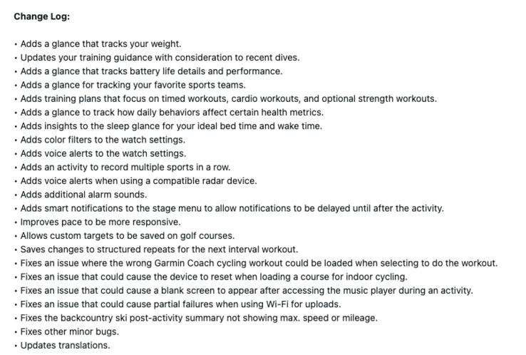 A Garmin Forerunner 970 szoftver 16.28-as verziójának változási naplója