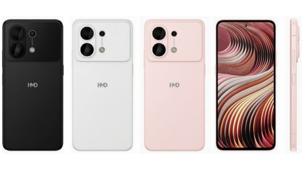 A HMD Ace 5G kiszivárgott renderelése fekete, fehér és rózsaszín színben mutatja a készüléket. (Kép forrása: smashx_60 on X)
