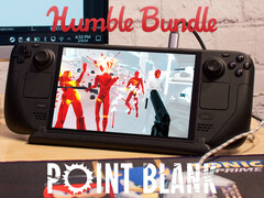 A Point Blank csomag 2025. szeptember 4-én jár le. Képeken: Steam Deck a Superhot futtatásával. (Kép forrása: Humble Bundle és Notebookcheck - szerk.)