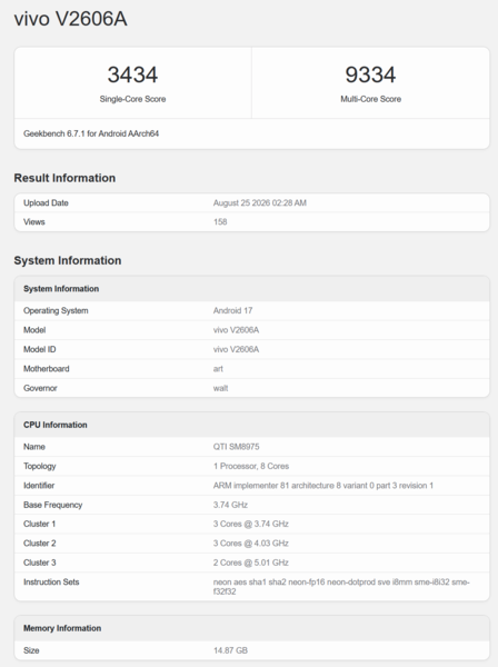 Snapdragon 8 Elite Extreme Gen 6 Geekbench-bejegyzés