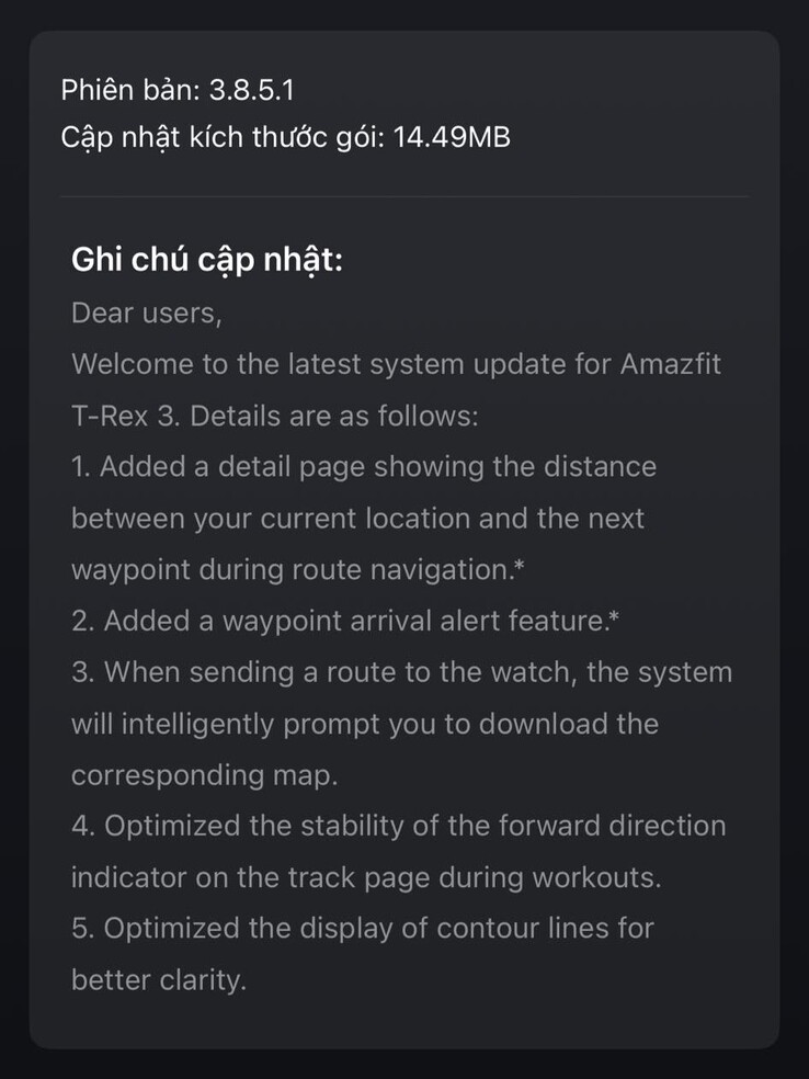 Az Amazfit T-Rex 3 okosóra 3.8.5.1 verziójának kiadási megjegyzései. (Kép forrása: Lương Nguyên Long a Facebookon keresztül)