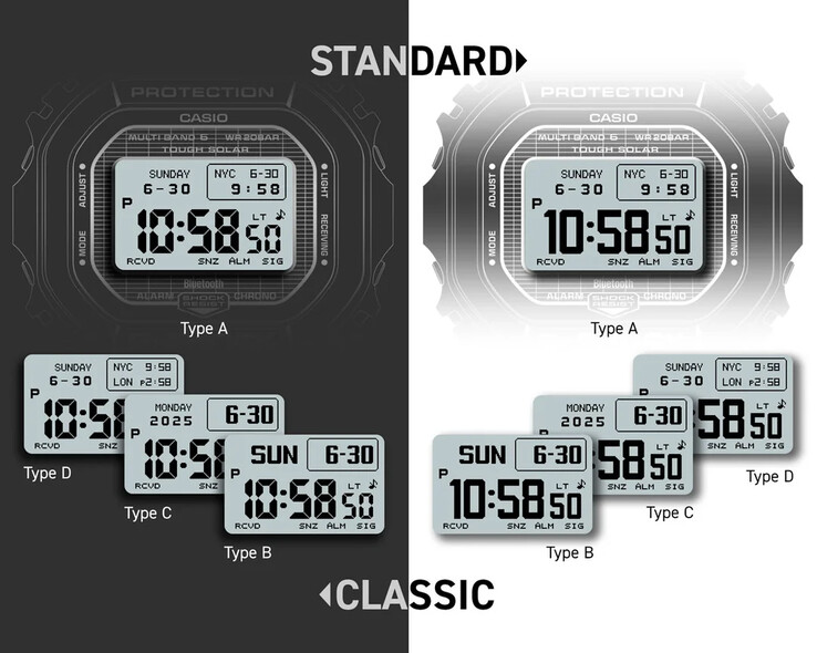 Kiszivárgott marketingkép a készülő Casio G-Shock GW-BX5600 különböző kijelződizájnjairól. (Kép forrása: Reddit)