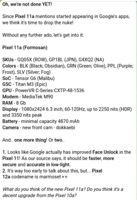 A Pixel 11a kiszivárgott műszaki adatai