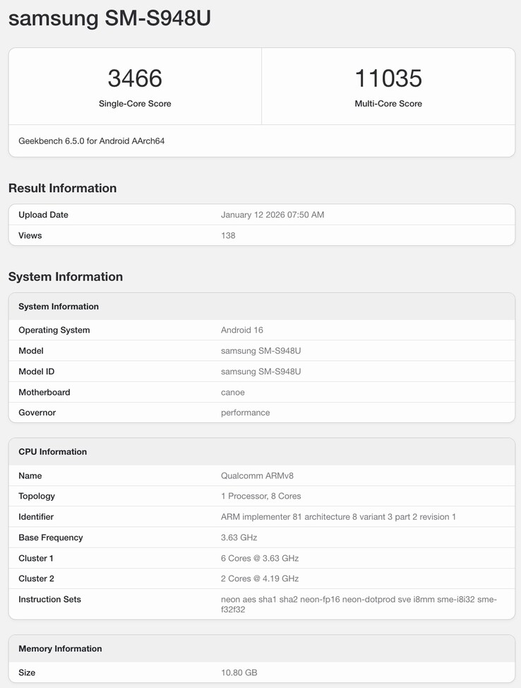 A Galaxy S26 Ultra Geekbench listája. (Kép forrása: Geekbench)