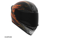 AGV K1 S Street Fighter 6 Ken motoros bukósisak fekete, szürke és lángmintás grafikával.