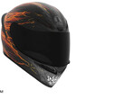 AGV K1 S Street Fighter 6 Ken motoros bukósisak fekete, szürke és lángmintás grafikával.