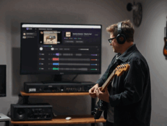 Egy gitáros egy StemKit alkalmazást megjelenítő monitor előtt játszik.