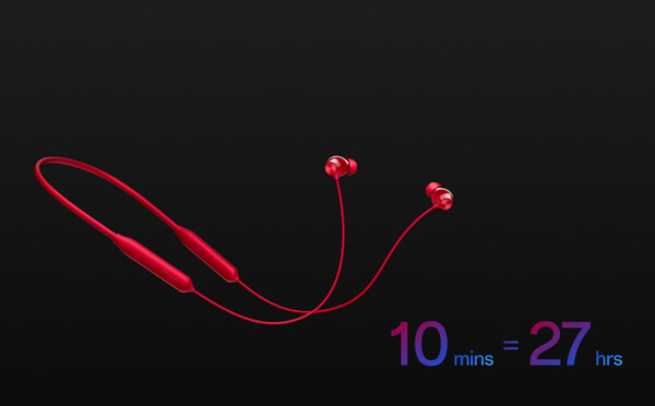 A OnePlus Bullets Wireless Z3 10 perces töltés után 27 órányi használatot biztosít. (Kép forrása: OnePlus)