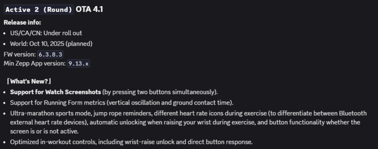 Az Active 2 (Round) okosóra 6.3.8.3 firmware verziójának kiadási megjegyzései. (Kép forrása: Amazfit via Discord)