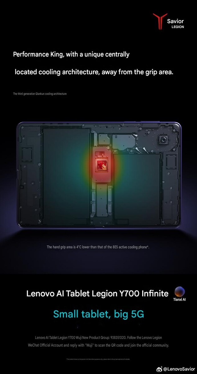 A Lenovo Legion Y700 Infinite belső felépítése, amelyen látható a középen elhelyezett Snapdragon processzor és a hűtési rendszer, amelynek célja, hogy játék közben hűvösebb maradjon a tablet fogási területe.