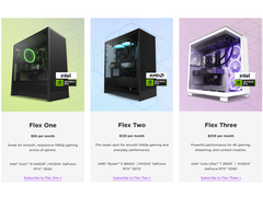 Az NZXT Flex PC bérleti programjának képernyőmentése, amely kiemeli a fogyasztók számára elérhető különböző szinteket