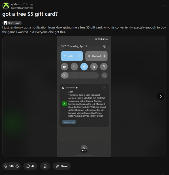 Xbox Reddit-poszt az ingyenes ajándékkártya-kódokról (Kép forrása: screenshot, Xbox subreddit)
