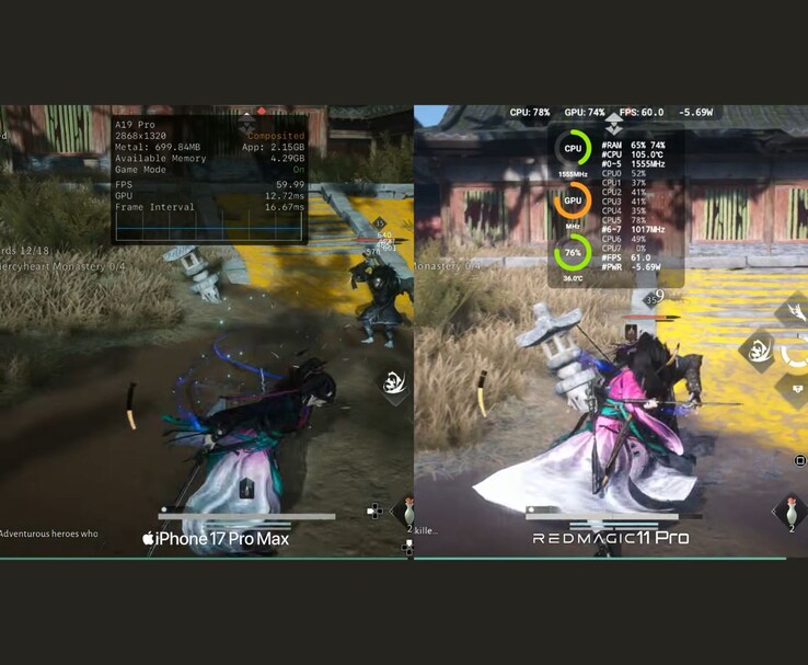 Where Winds Meet Mobile teljesítmény-összehasonlítás az iPhone 17 Pro Max és a RedMagic 11 Pro között a képernyőn megjelenő mérőszámokkal (Kép forrása: Dame Tech via YouTube)