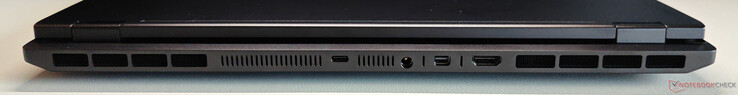 Hátul: (40 Gbps, DisplayPort 2.1 iGPU-n keresztül, 140 W Power Delivery), tápcsatlakozó, Mini DisplayPort 2.1 (dGPU-n keresztül, DP40/UHBR10, VRR/G-Sync), HDMI 2.1 (dGPU-n keresztül, 48 Gbps, HDCP 2.3, VRR/G-Sync)