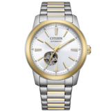 Citizen NH9154-51A kétszínű automata karóra ezüst számlappal, arany színű kerettel és karkötő középső láncszemekkel, valamint a 6 óra feletti nyitott szív kialakítással.