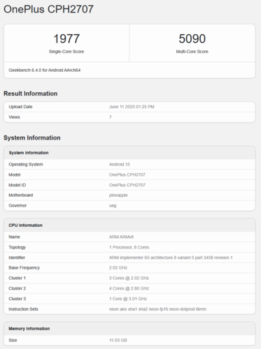 OnePlus Nord 5 Geekbench listázás (kép forrása: Geekbench)