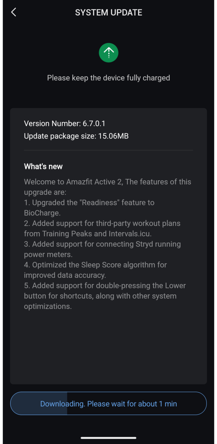 Az Amazfit Active 2 okosórák 6.7.0.1 verziójának kiadási megjegyzései. (Kép forrása: u/kruzin_tv via Reddit)