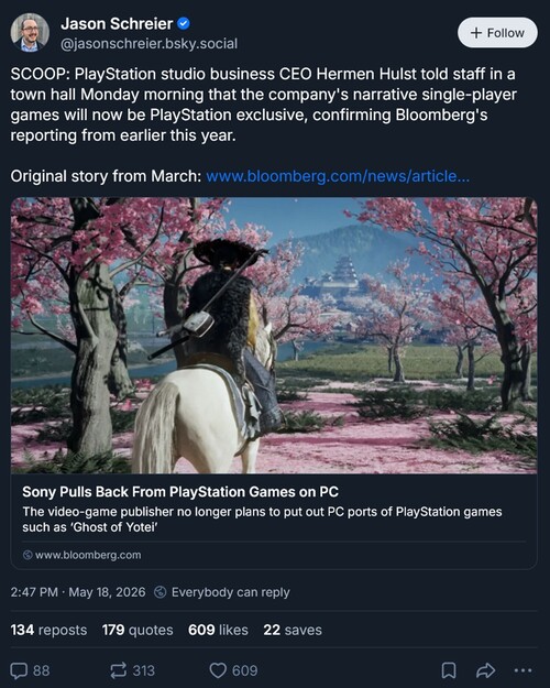 Jason Schreier Bluesky posztja a PS5 exkluzívokról
