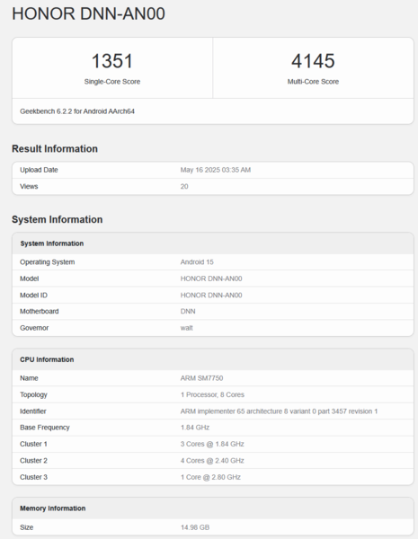 Snapdagon 7 Gen 4 Geekbench listázás (kép forrása: Geekbench)