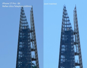 iPhone 17 Pro - 24-szeres veszteségmentes zoom a 300-600 mm-es objektívvel (balra) és 24-szeres digitális zoom (jobbra).