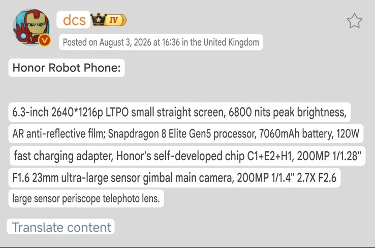 A Honor Robot Phone műszaki adatai a DCS Weibo-bejegyzésében részletesen ismertetve