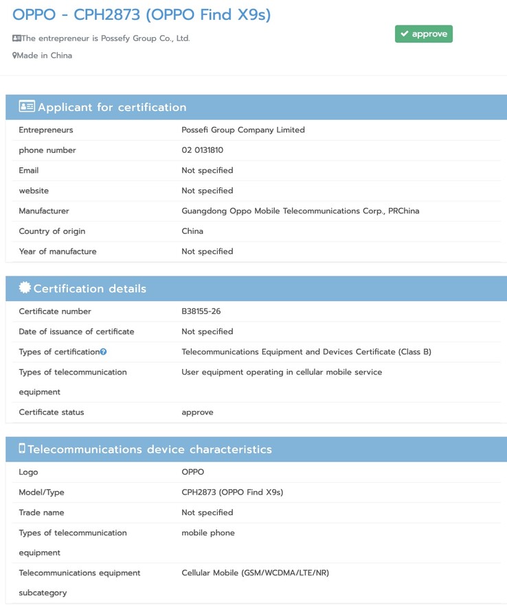 Az Oppo Find X9s átesett az NBTC tanúsításon.