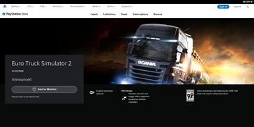 Az Euro Truck Simulator 2 listája a PlayStation Store-ban (Kép forrása: PlayStation)