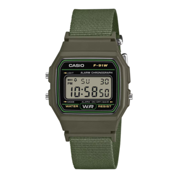 Casio F-91WF-3A olajzöld szövet szíjjal.